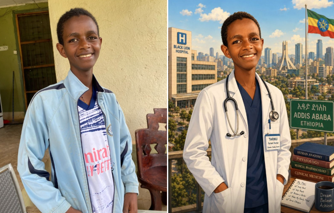 Tariku in Ethiopia, next to the AI-generated portrait of him as a neurosurgeon in front of Black Lion Hospital.